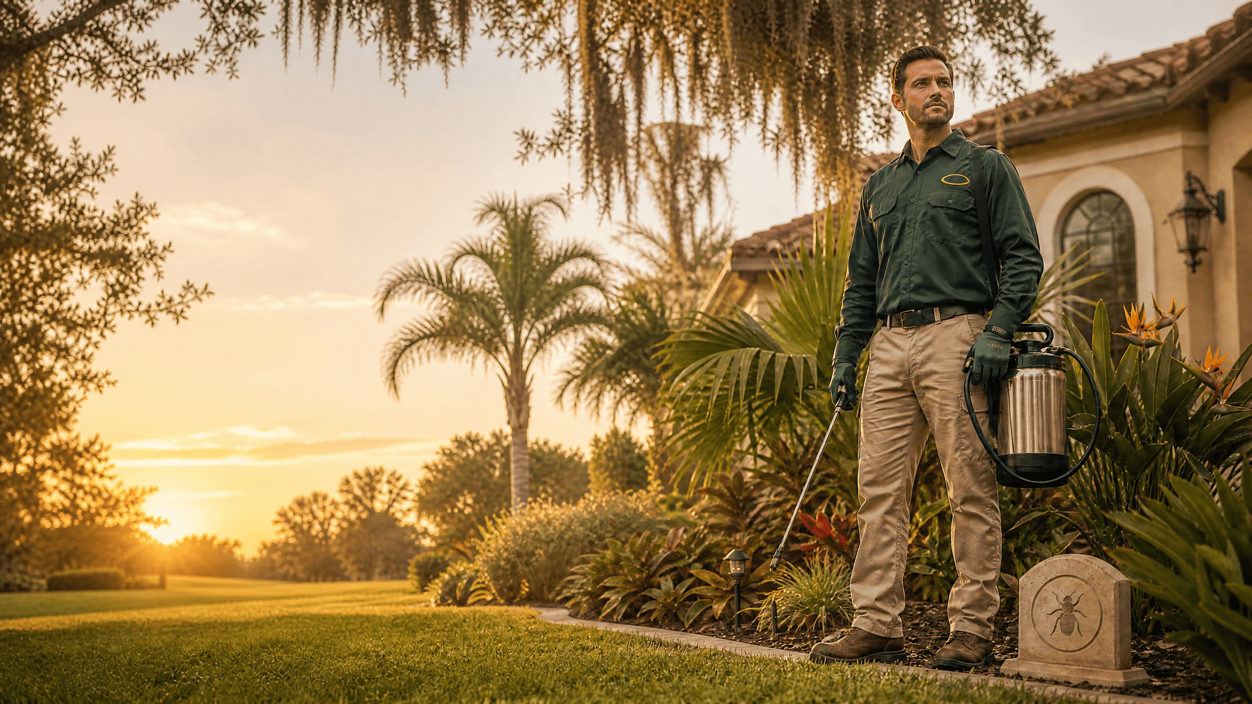 Pest in Peace technician at a Tampa Bay home at golden hour